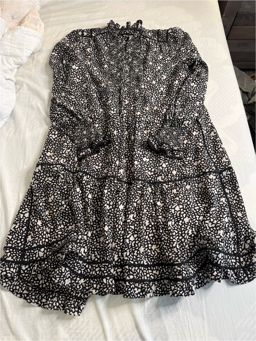 Black & White Printed Smocked Neck Dress